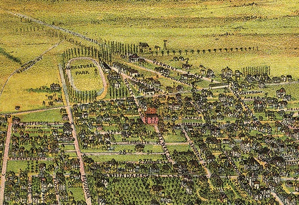 Archival map of Los Angeles with the planned campus of USC from 1894.