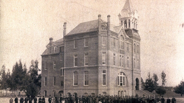 In black and white, an USC old college building from 1890.